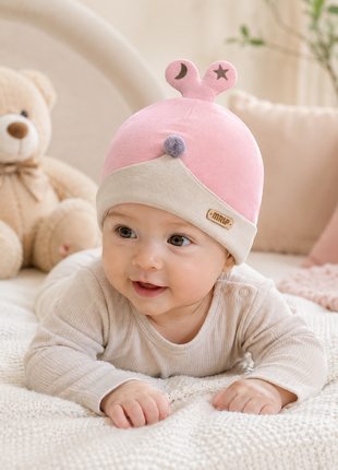 Newborn Cotton Bear Ear Baby Hat, Pink Star Ear Infant Cap, Soft Warm Antistatic Beanie