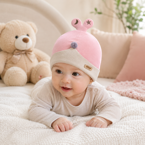 Newborn Cotton Bear Ear Baby Hat, Pink Star Ear Infant Cap, Soft Warm Antistatic Beanie