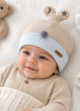 Newborn Cotton Bear Ear Baby Hat, Cream Animal Ear Infant Cap, Soft Warm Antistatic Beanie