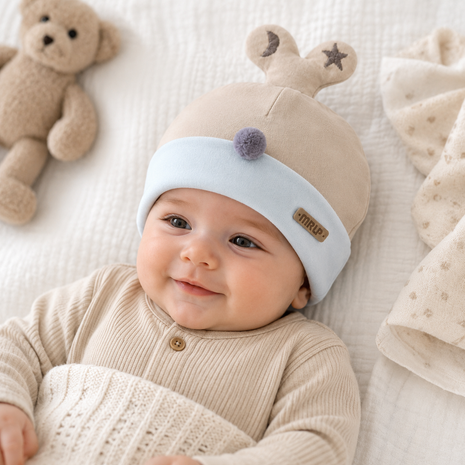 Newborn Cotton Bear Ear Baby Hat, Cream Animal Ear Infant Cap, Soft Warm Antistatic Beanie