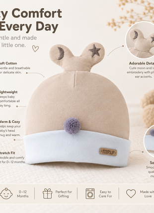 Newborn Cotton Bear Ear Baby Hat, Cream Animal Ear Infant Cap, Soft Warm Antistatic Beanie