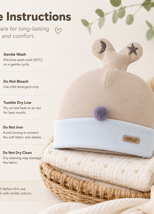 Newborn Cotton Bear Ear Baby Hat, Cream Animal Ear Infant Cap, Soft Warm Antistatic Beanie