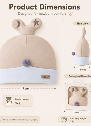 Newborn Cotton Bear Ear Baby Hat, Cream Animal Ear Infant Cap, Soft Warm Antistatic Beanie