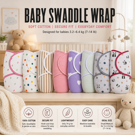 100% Cotton Baby Swaddle with Hook-and-Loop (Velcro) Fastening Small/Medium 3.2–6.4 kg Soft Breathable Baby Wrap -Grey