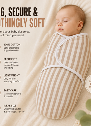 100% Cotton Baby Swaddle with Hook-and-Loop (Velcro) Fastening Small/Medium 3.2–6.4 kg Soft Breathable Baby Wrap -Pink