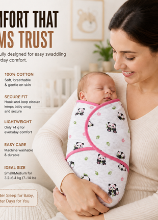 100% Cotton Baby Swaddle with Hook-and-Loop (Velcro) Fastening Small/Medium 3.2–6.4 kg Soft Breathable Baby Wrap -Panda