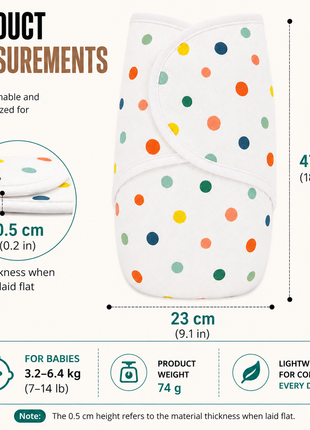 100% Cotton Baby Swaddle with Hook-and-Loop (Velcro) Fastening Small/Medium 3.2–6.4 kg Soft Breathable Baby Wrap - Polka Dot