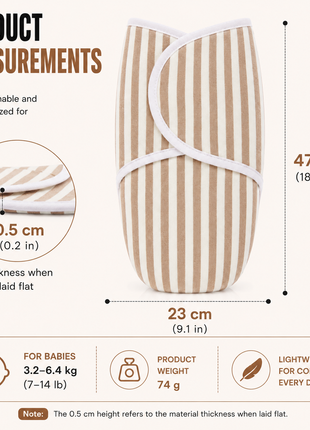 100% Cotton Baby Swaddle with Hook-and-Loop (Velcro) Fastening Small/Medium 3.2–6.4 kg Soft Breathable Baby Wrap -Stripe