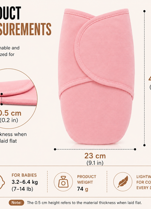 100% Cotton Baby Swaddle with Hook-and-Loop (Velcro) Fastening Small/Medium 3.2–6.4 kg Soft Breathable Baby Wrap -Pink