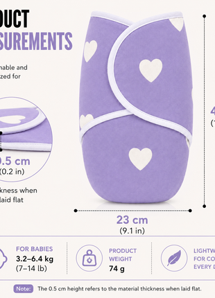 100% Cotton Baby Swaddle with Hook-and-Loop (Velcro) Fastening Small/Medium 3.2–6.4 kg Soft Breathable Baby Wrap -Purple