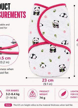 100% Cotton Baby Swaddle with Hook-and-Loop (Velcro) Fastening Small/Medium 3.2–6.4 kg Soft Breathable Baby Wrap -Panda