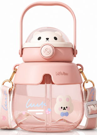 Bear 860mL Kids Water Bottle with Straw & Carry Handle Pink ABS Plastic