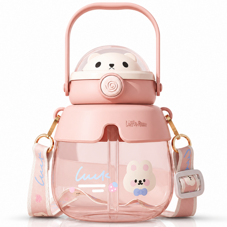Bear 860mL Kids Water Bottle with Straw & Carry Handle Pink ABS Plastic