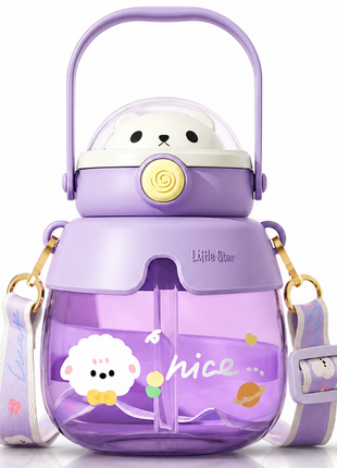 Bear 860mL Kids Water Bottle with Straw & Carry Handle Purple ABS Plastic