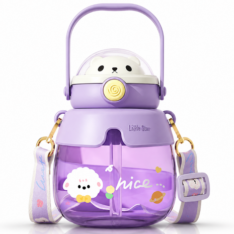 Bear 860mL Kids Water Bottle with Straw & Carry Handle Purple ABS Plastic