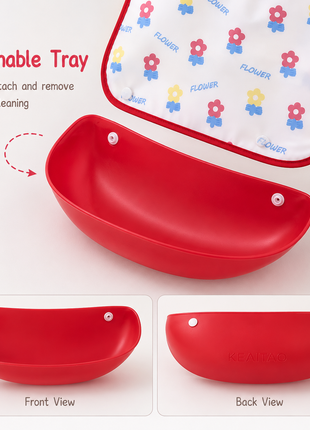 PEVA Baby Feeding Bib 2 Pack with Detachable Soft Plastic Food Catching Trays, Waterproof Roll-Up Design, Press Stud Button Closure