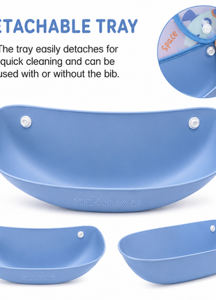 PEVA Baby Feeding Bib 2 Pack with Detachable Soft Plastic Food Catching Trays, Waterproof Roll-Up Design, Press Stud Button Closure