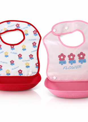 PEVA Baby Feeding Bib 2 Pack with Detachable Soft Plastic Food Catching Trays, Waterproof Roll-Up Design, Press Stud Button Closure