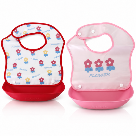 PEVA Baby Feeding Bib 2 Pack with Detachable Soft Plastic Food Catching Trays, Waterproof Roll-Up Design, Press Stud Button Closure