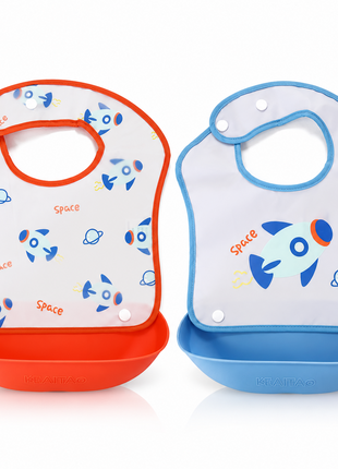 PEVA Baby Feeding Bib 2 Pack with Detachable Soft Plastic Food Catching Trays, Waterproof Roll-Up Design, Press Stud Button Closure
