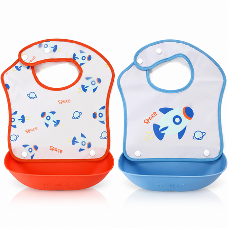 PEVA Baby Feeding Bib 2 Pack with Detachable Soft Plastic Food Catching Trays, Waterproof Roll-Up Design, Press Stud Button Closure