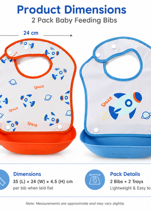 PEVA Baby Feeding Bib 2 Pack with Detachable Soft Plastic Food Catching Trays, Waterproof Roll-Up Design, Press Stud Button Closure