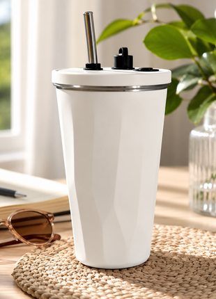600ml Vacuum Insulated Stainless Steel Tumbler Cup with Lid & Reusable Straw- White