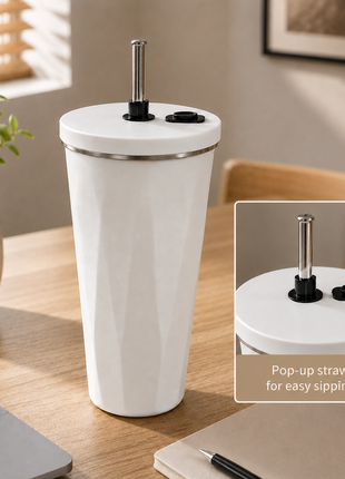 600ml Vacuum Insulated Stainless Steel Tumbler Cup with Lid & Reusable Straw- White