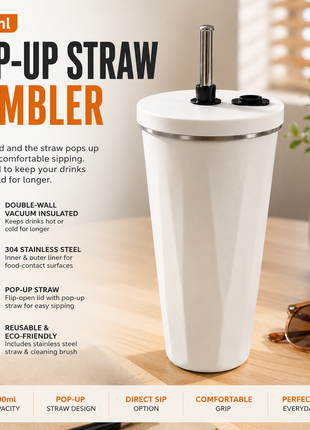 600ml Vacuum Insulated Stainless Steel Tumbler Cup with Lid & Reusable Straw- White