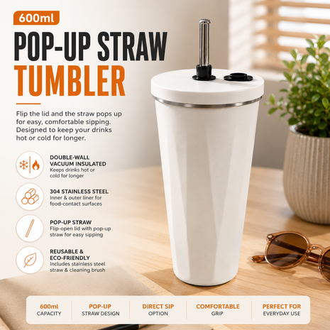 600ml Vacuum Insulated Stainless Steel Tumbler Cup with Lid & Reusable Straw- White