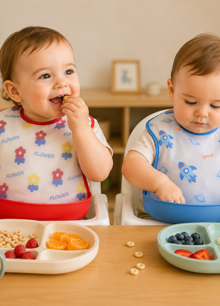 PEVA Baby Feeding Bib 2 Pack with Detachable Soft Plastic Food Catching Trays, Waterproof Roll-Up Design, Press Stud Button Closure