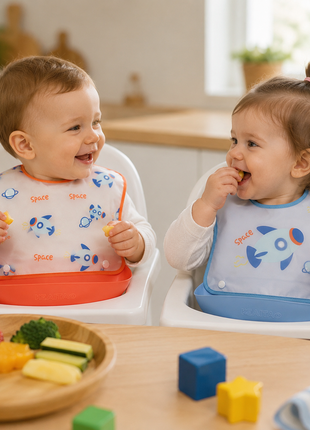 PEVA Baby Feeding Bib 2 Pack with Detachable Soft Plastic Food Catching Trays, Waterproof Roll-Up Design, Press Stud Button Closure