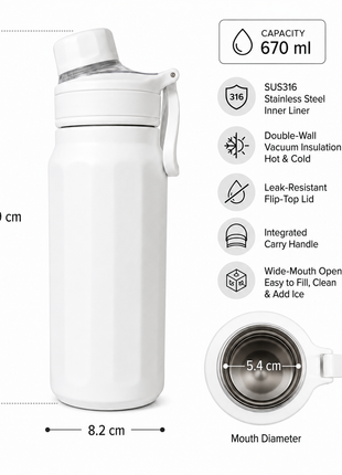 670ml Vacuum Insulated Sports Bottle with SUS316 Stainless Steel Inner, Leak-Resistant Flip Lid & Carry Handle for Hot and Cold Drinks