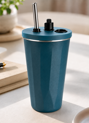 600ml Vacuum Insulated Stainless Steel Tumbler Cup with Lid & Reusable Straw- Blue