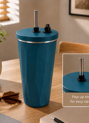 600ml Vacuum Insulated Stainless Steel Tumbler Cup with Lid & Reusable Straw- Blue