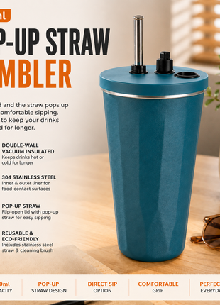 600ml Vacuum Insulated Stainless Steel Tumbler Cup with Lid & Reusable Straw- Blue