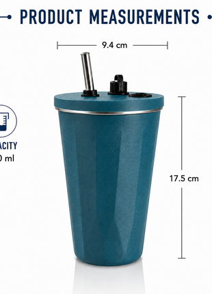 600ml Vacuum Insulated Stainless Steel Tumbler Cup with Lid & Reusable Straw- Blue