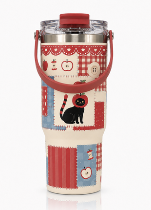 Insulated Tumbler Cup with Handle Lid, Pink Patchwork Checker Heart Design