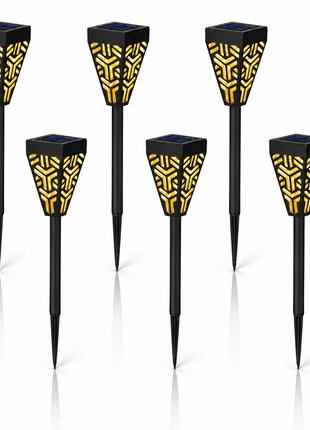 6 pcs Solar Flame Torch Light with Decorative Shadow Pattern, ABS Plastic Outdoor Stake Lamp,Warm Garden Path Light