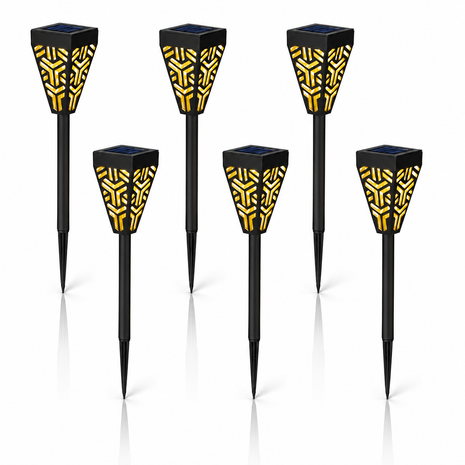 6 pcs Solar Flame Torch Light with Decorative Shadow Pattern, ABS Plastic Outdoor Stake Lamp,Warm Garden Path Light