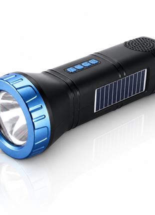 Portable  Blue Solar Rechargeable LED Flashlight Speaker with FM Radio, Bluetooth 5.3, TWS Pairing, USB/TF Playback