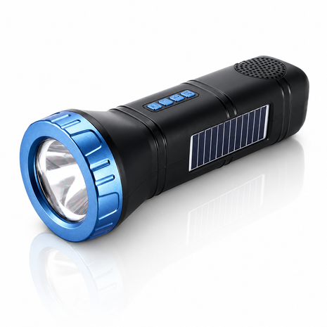 Portable  Blue Solar Rechargeable LED Flashlight Speaker with FM Radio, Bluetooth 5.3, TWS Pairing, USB/TF Playback