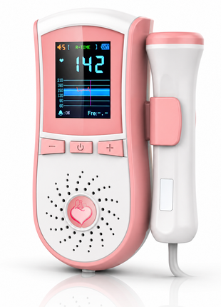 Fetal Doppler with Digital Screen, Independent Probe, Speaker, Pink White ABS Plastic, 2 AA Battery Powered