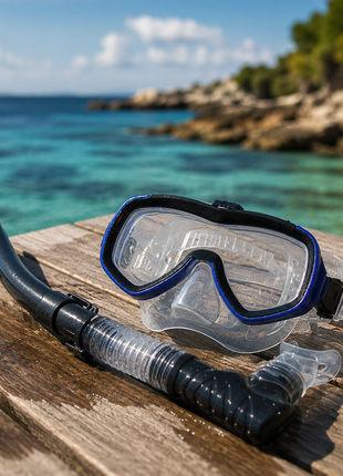 Youth Snorkel and Mask Set – Dual Lens Silicone Skirt – Adjustable Strap – Splash Guard Tube – Black and Blue