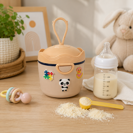 Portable Baby Formula Powder Container with Carry Hook, Spoon, Leveler, Travel Storage- Beige