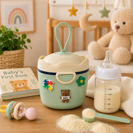 Portable Baby Formula Powder Container with Carry Hook, Spoon, Leveler, Travel Storage- Green
