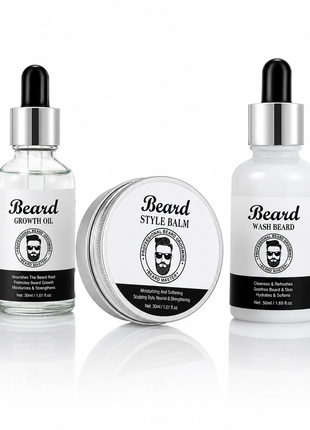 Beard Grooming Kit for Men – 3-Piece Beard Care Set with Shampoo, Growth Oil & Balm