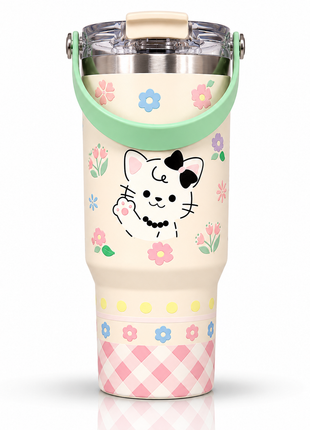 Insulated Tumbler Cup with Handle Lid, White Cat Floral Design