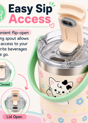 Insulated Tumbler Cup with Handle Lid, White Cat Floral Design