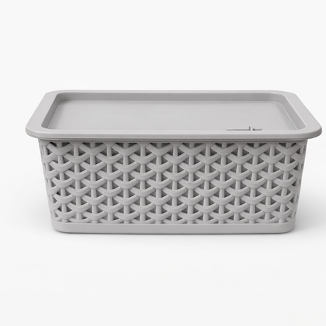 Plastic Storage Basket with Lid – Grey PP Organizer Bin Small